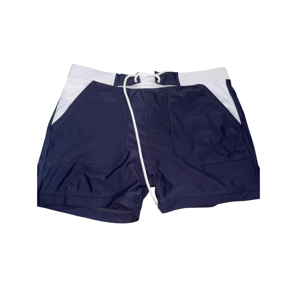 Navy Blue swim Shorts with‎ White Accents Drawstring Waist Pockets Size M